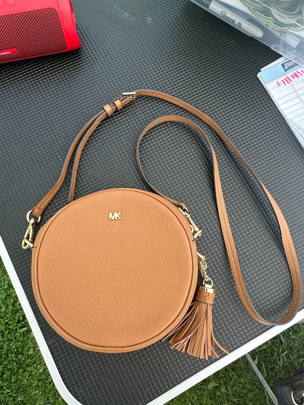 Michael Kors Cognac Round Pebbled Leather Crossbody with Tassel